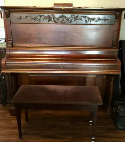 Free piano with bench. Beautiful sound and holds tune well. Must take away the 1000 pound instrument...