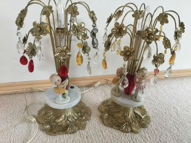 (2) VINTAGE TEAR-DROP CRYSTAL WATERFALL LAMPS WITH MARBLE/ BRASS62854391835522121