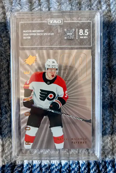 2024-25 Upper Deck SPx Matvei Michkov Silver Rookie. Graded 8.5 (Near Mint - Mint Plus) by TAG.