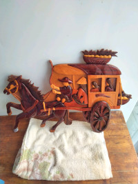 Horse cart hand    carved wooden wall ornament hang