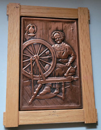 Vintage Colonial Pioneer Woman at Spinning Wheel Copper in Wood