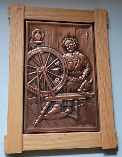 Vintage Colonial Pioneer Woman at Spinning Wheel Copper in Wood, View more