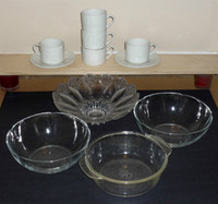 Glass Bowls, White Cups, w pattern,  Saucers