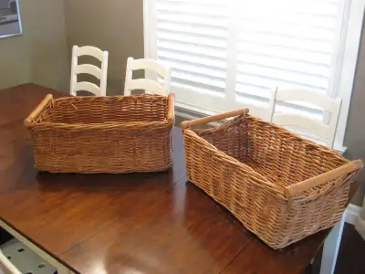 Pair of Well Made Rattan Honey Colour Storage Organizer Baskets, View more