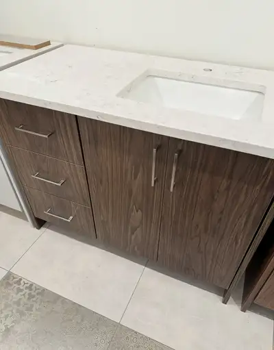 42” brown wood vanity with quartz 3cm, View more