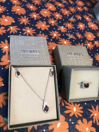Garnet ring, earrings and necklace silver set