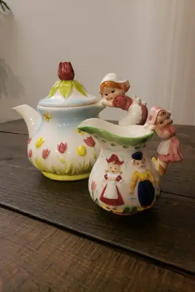 Vintage Lefton Japan Teapot and creamer, Dutch girl handle, View more