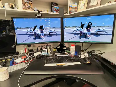 Dual 4k Monitors on sit stand desk stand, View more