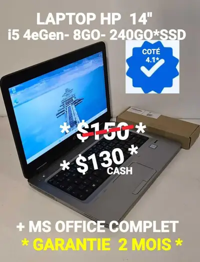 LAPTOP HP 14"- i5 6eGen- 8GO- 240 GO *SSD*, View more