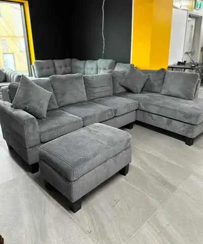 Sofa Sectionnel en Velours Côtelé Gris Forme U avec Pouf – Neuf, View more