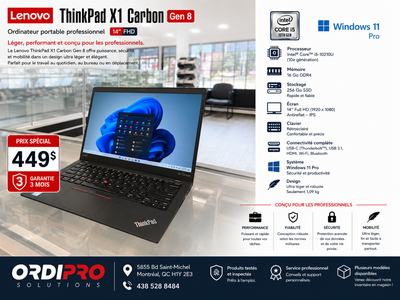  Lenovo ThinkPad X1 Carbon Gen 8 | i5 | 16Go RAM | SSD 256Go |, View more