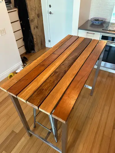 BAR HEIGHT KITCHEN ISLAND TABLE VINTAGE TEAK OAK SS STEEL, View more