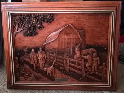 Beautiful  vintage cork carved picture ( walk in the country ), View more