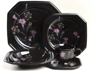 Vintage Mikasa Ebony Meadows Dinnerware set (black in colour). Consists of 9 dinner plates (1 has sm...