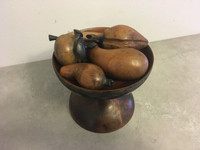 Vintage HANDCARVED Ornate FRUITS Bowl Pear Apples Banana Walnut
