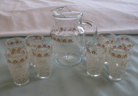 Vntg Hazel Atlas Juice Pitcher Set 8 Glasses Lace-Look Gold Trim