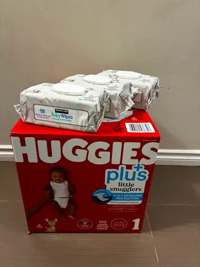 Huggies diapers size 1 (NEW) and 3 packs of Kirkland wipes, View more