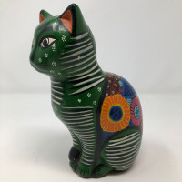 Mexico Talavera Redware Green Cat Figurine