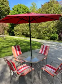 Patio table and chairs with umbrella. No umbrella stand. 