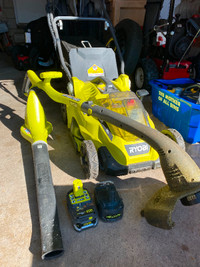 RYOBI Lawn Mower, Trimmer/Blower kit with batteries and charger