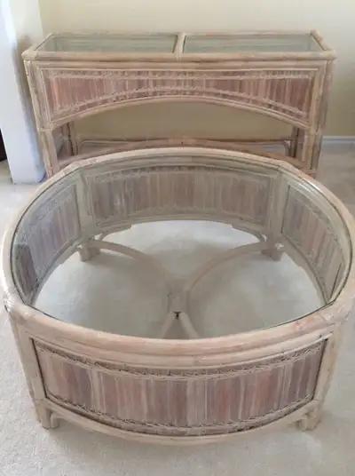 Bamboo round glass coffee table with matching sofa table. Will sell as a set or individually. Make a...