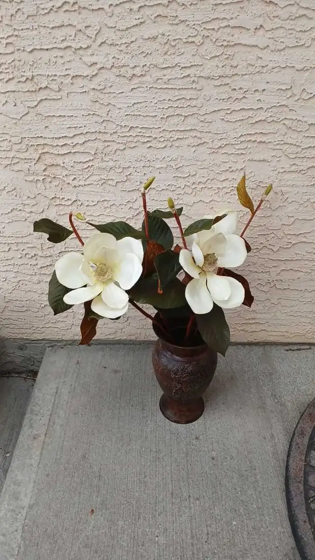 Magnolia Flowers and Metal Vase Decor