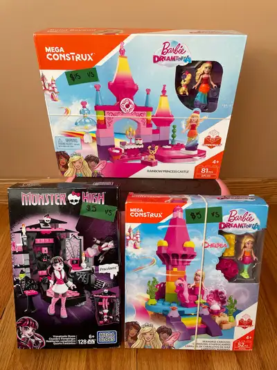 Building sets for sale, all parts included: Mega Construx Barbie Dreamtopia Rainbow Princess Castle,...
