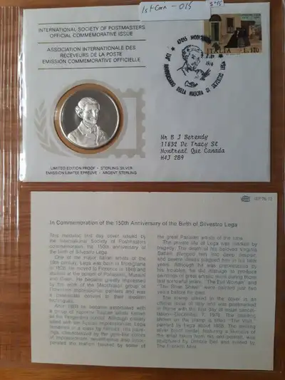 640 1stcoin-015 - birth of silvestro lega 1976 Franklin Mint International Society of Postmasters 92...