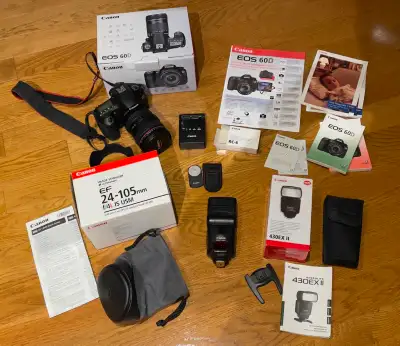 Canon 60D body, Canon EF 24-105mm Lens, 430EXII Canon Flash. Package includes - Remote for camera, l...