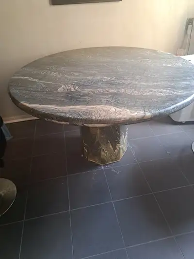 Selling a large high quality round solid dark grey granite dining room kitchen table and base import...