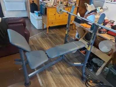Adjustable bech press, pretty basic but funtional and in good shape. Comes with solid barbell and tw...
