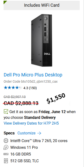 Dell Pro Micro Desktop Intel Core Ultra 7 265T 20 cores, View more