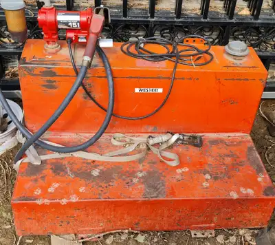 Used 340 Westeel slip tank and pump. L shaped tank that has been used for diesel. Pump and hose/nozz...