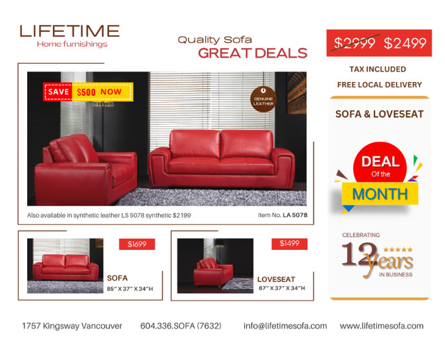 Genuine Top Grain Leather sofa & Loveseat in Couches & Futons in Vancouver