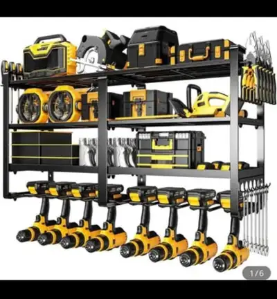 Heavy duty 3 tier shelf with 8 slots for drills or hammers, View more
