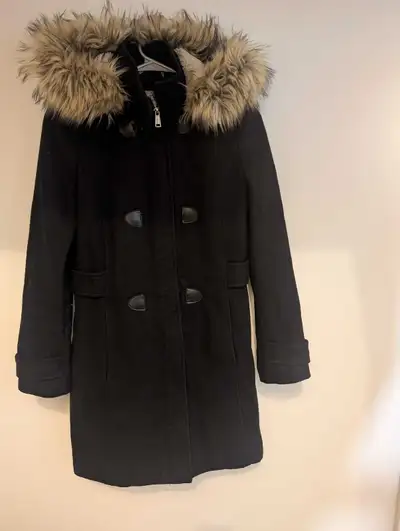 Black Hooded Coat with Faux Fur Trim size: S, View more