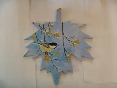 maple leaf-shaped chickadee WALL PLAQUE, View more