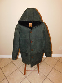Genuine Suede Shearling Unisex Dark Green Winter Coat, Size: M