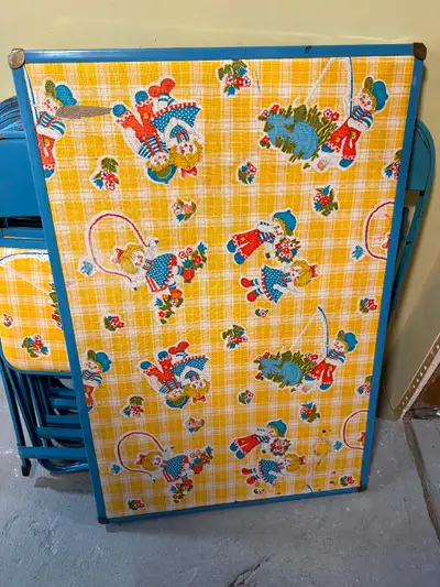 Table is 2’ W x 3’ L x 21” H. Excellent condition for its age. All pieces fold flat for easy storage...