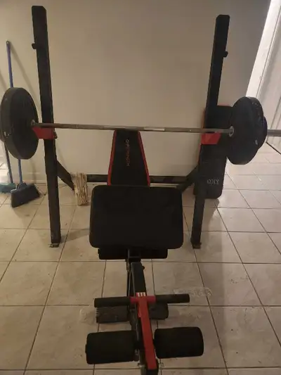 Weight set Bench 130 lbs in weights Olympic style bar Pull up and dips work out set up