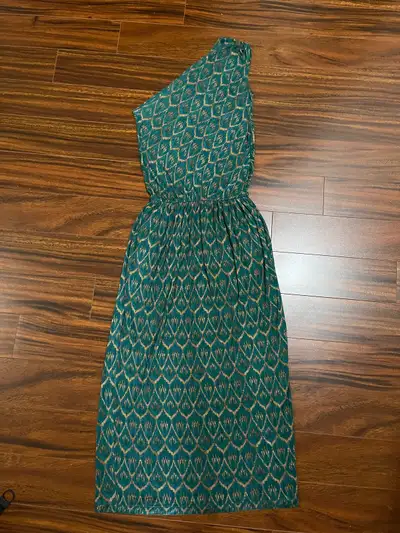 Rachel Roy women’s small one-shoulder maxi dress, teal and tan, View more