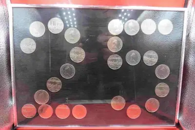 UNIQUE DESIGN 1982 CANADA DOLLAR COINS IN FRAME - 25 IN TOTAL, View more