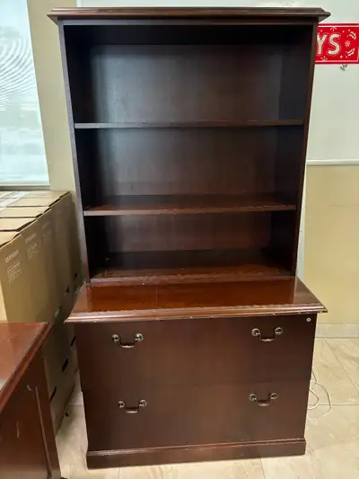 2x Dark Wood Hutch Office Cabinet with Shelves & Drawer Base, View more