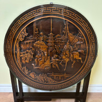 Vintage Chinese Hand Carved Round Tilt Top Gate Leg Table