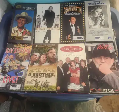 I have a selection of used VHS tapes featuring various artists and shows, including Roy Rogers, Harr...