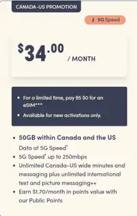 $34/month CAN-USA 50GB 5G speed cheap cell phone plan talk text