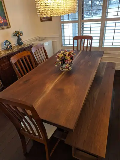 black walnut dining table & bench, View more