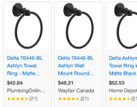 New, “Ashlyn” bath collection Matte Black Towel Ring by Delta