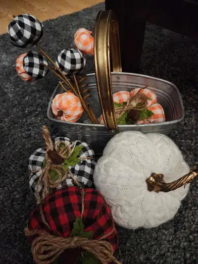 Fall Themed Decorative Pumpkins & Galvinized Basket, View more