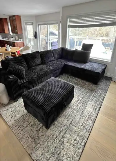Black Corduroy Sectional Sofa with Ottoman, View more